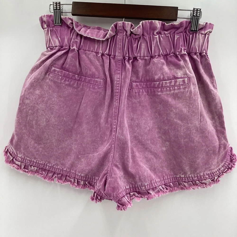 High Waist Pink Ruffled Women's Cotton Shorts - Picture 2 of 6